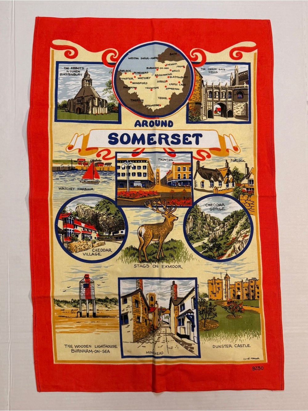 Vtg All-Cotton "SOMERSET" map Linen Tourist Souvenir DISH Tea TOWEL U.K. sights